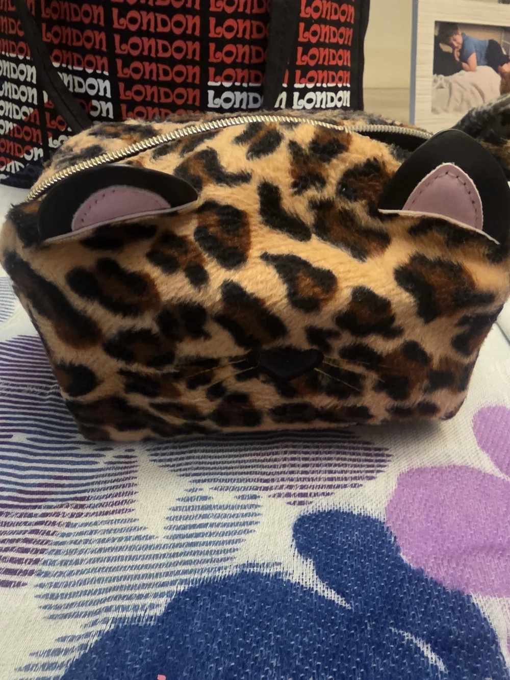 Source Unknown Leopard Print Cosmetic Bag with Cat Ear Accents - Brown & Black